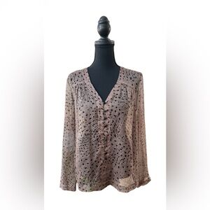 Kensie Sheer Brown and Black Patterned Button Up Blouse